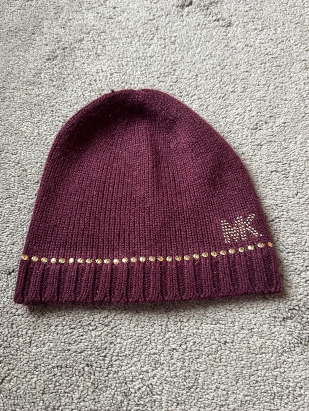 Michael Kors Burgundy Knit Beanie Hat Gold Stud Logo One Size